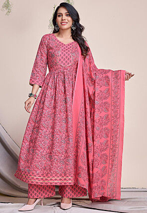 Digital Printed Cotton A Line Suit in Pink