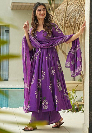 Digital Printed Cotton A Line Suit in Purple