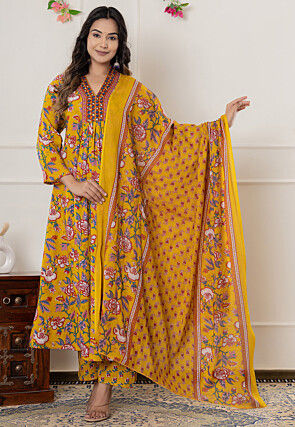 Digital Printed Cotton A Line Suit in Yellow