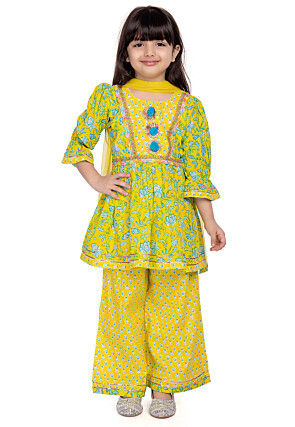 Digital Printed Cotton A Line Suit in Yellow