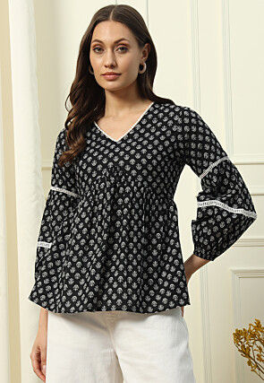Digital Printed Cotton A Line Top in Black