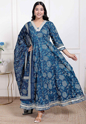 Digital Printed Cotton Abaya Style Suit in Blue