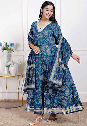Digital Printed Cotton Abaya Style Suit in Blue