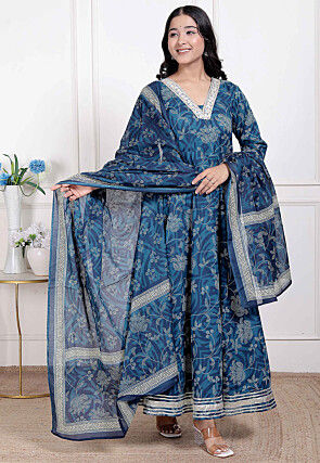 Digital Printed Cotton Abaya Style Suit in Blue