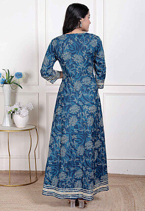 Digital Printed Cotton Abaya Style Suit in Blue