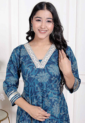 Digital Printed Cotton Abaya Style Suit in Blue