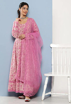 Digital Printed Cotton Abaya Style Suit in Pink