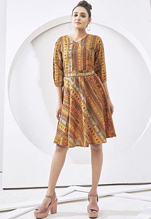 Digital Printed Cotton Aline Dress in Mustard