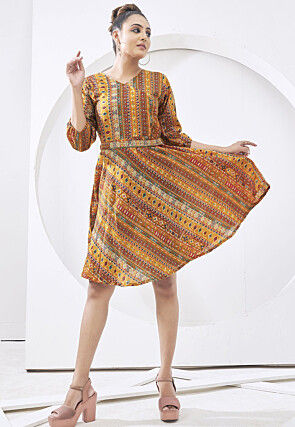 Digital Printed Cotton Aline Dress in Mustard