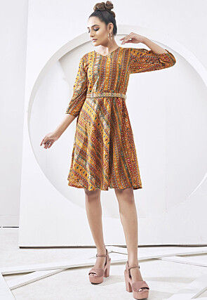 Digital Printed Cotton Aline Dress in Mustard