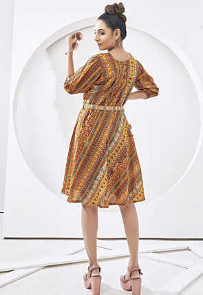 Digital Printed Cotton Aline Dress in Mustard