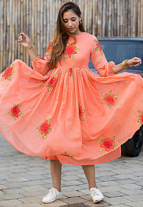Digital Printed Cotton Aline Dress in Orange