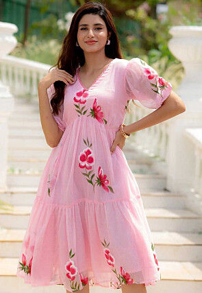 Digital Printed Cotton Aline Dress in Pink
