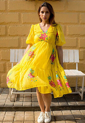 Digital Printed Cotton Aline Dress in Yellow