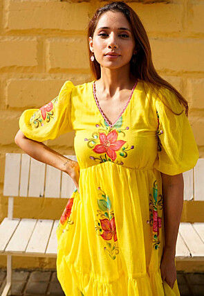 Digital Printed Cotton Aline Dress in Yellow