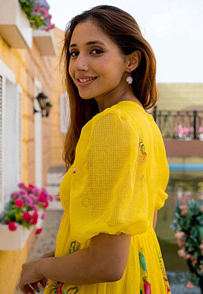 Digital Printed Cotton Aline Dress in Yellow