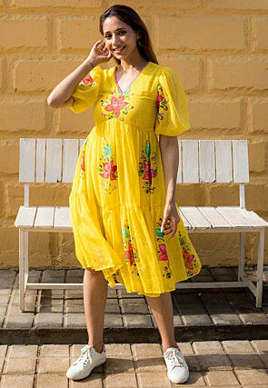 Digital Printed Cotton Aline Dress in Yellow