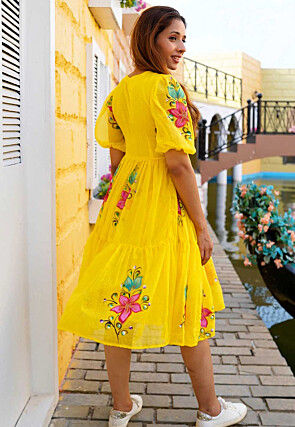 Digital Printed Cotton Aline Dress in Yellow