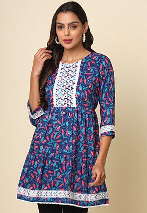 Digital Printed Cotton Aline Kurta in Blue