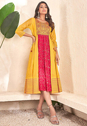Digital Printed Cotton Aline Kurta in Mustard and Pink