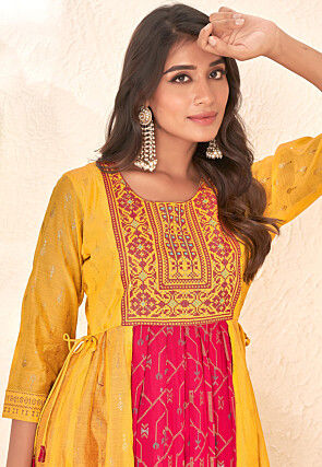 Digital Printed Cotton Aline Kurta in Mustard and Pink