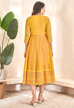 Digital Printed Cotton Aline Kurta in Mustard and Pink