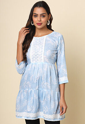 Digital Printed Cotton Aline Kurta in Sky Blue