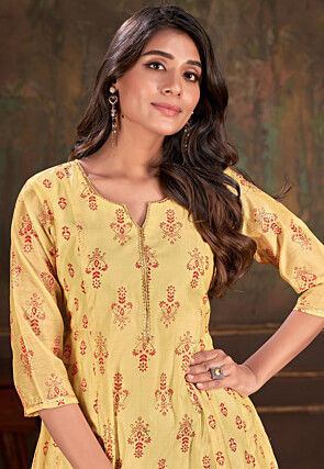Digital Printed Cotton Aline Kurta in Yellow