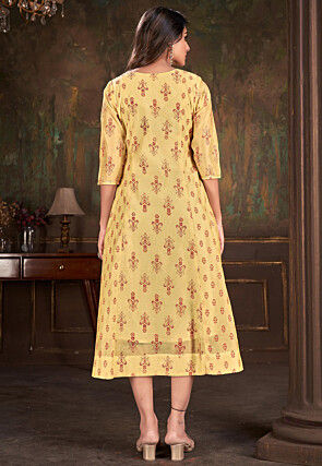 Digital Printed Cotton Aline Kurta in Yellow
