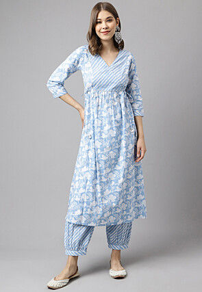 Digital Printed Cotton Aline kurta Set in Blue