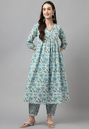 Digital Printed Cotton Aline kurta Set in Sky Blue