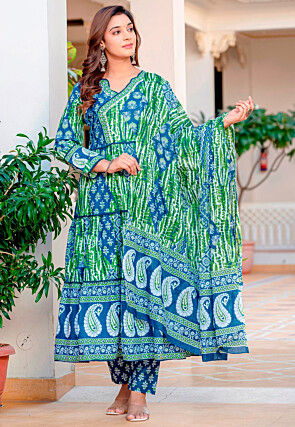Digital Printed Cotton Aline Suit in Blue and Green