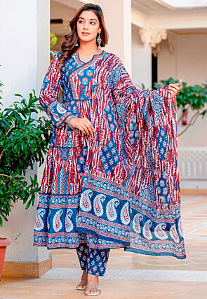 Digital Printed Cotton Aline Suit in Blue and Maroon