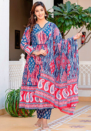 Digital Printed Cotton Aline Suit in Blue and Red