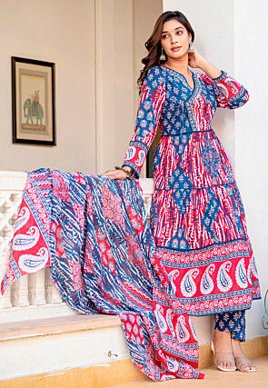 Digital Printed Cotton Aline Suit in Blue and Red