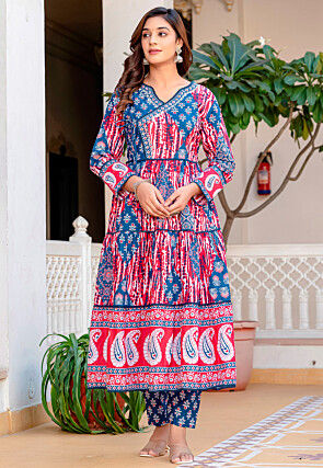 Digital Printed Cotton Aline Suit in Blue and Red