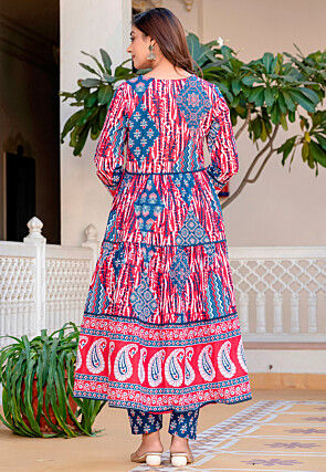 Digital Printed Cotton Aline Suit in Blue and Red