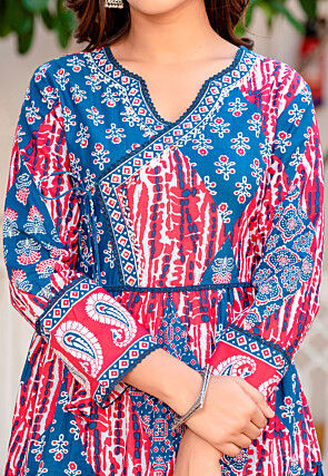Digital Printed Cotton Aline Suit in Blue and Red