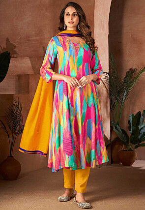 Digital Printed Cotton Aline Suit in Multicolor
