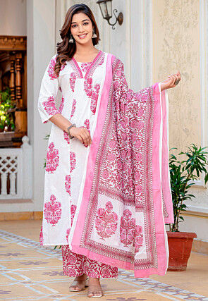 Digital Printed Cotton Aline Suit in Off White