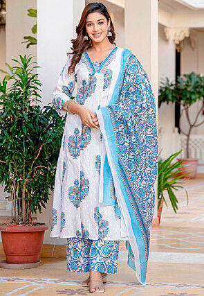 Digital Printed Cotton Aline Suit in Off White