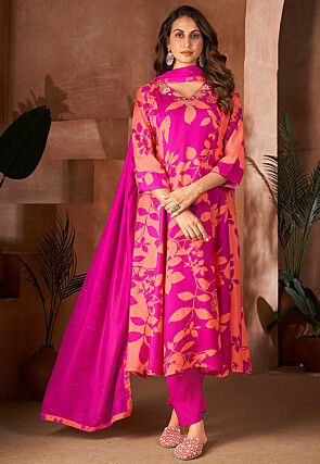 Digital Printed Cotton Aline Suit in Pink