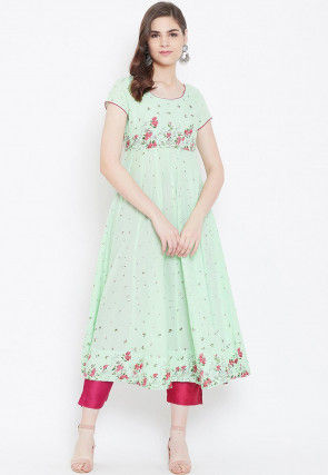 Digital Printed Cotton Anarkali Kurta in Light Green