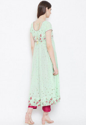 Digital Printed Cotton Anarkali Kurta in Light Green