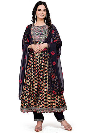 Digital Printed Cotton Anarkali Suit in Black