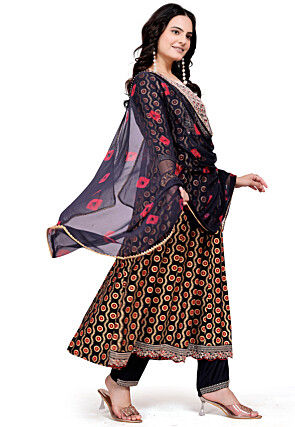 Digital Printed Cotton Anarkali Suit in Black