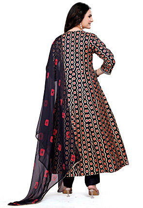 Digital Printed Cotton Anarkali Suit in Black