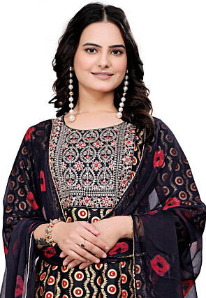 Digital Printed Cotton Anarkali Suit in Black