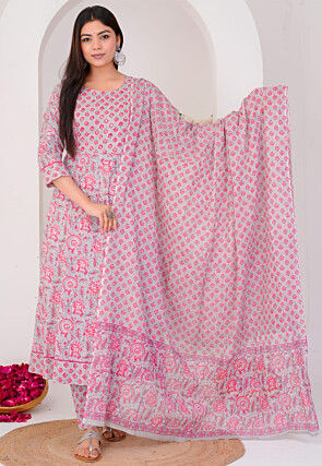 Digital Printed Cotton Anarkali Suit in Grey