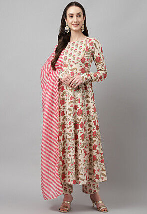 Digital Printed Cotton Anarkali Suit in Light Beige